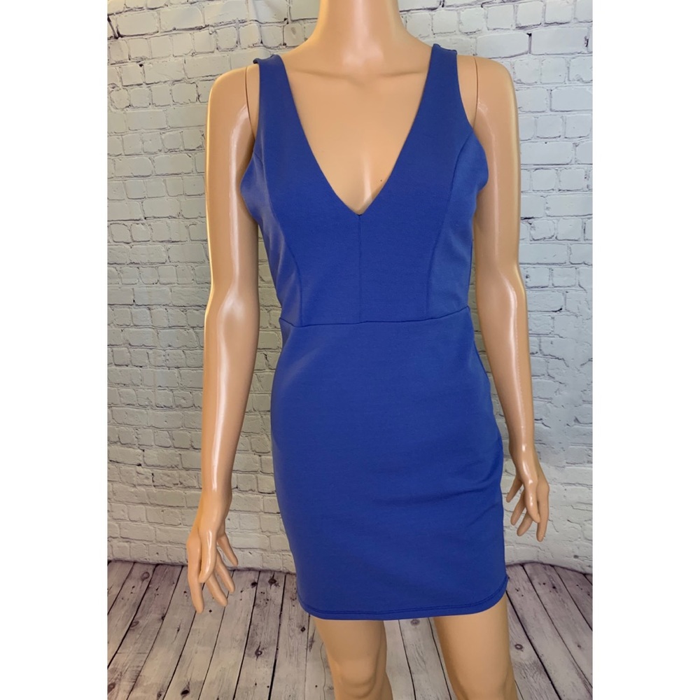 Solemio size medium Blue Mini V Neck Dress with low Cut Back on dress